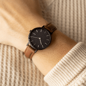 Black Mini Solar Watch | Brown Vegan Leather from Solios Watches