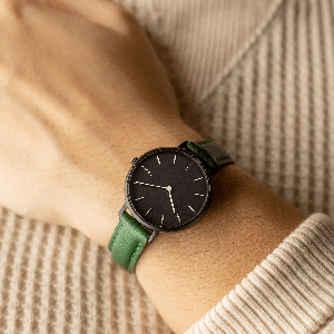 Black Mini Solar Watch | Green Vegan Leather from Solios Watches