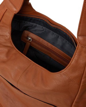 Tan Leather Tote Bag with Front Pocket & Zip Closure from Sostter