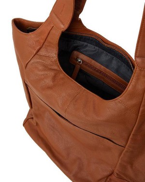Tan Leather Tote Bag with Front Pocket & Zip Closure from Sostter