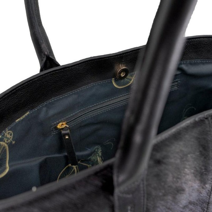Large Black Calf Hair Leather Tote with Artisanal Straps from Sostter