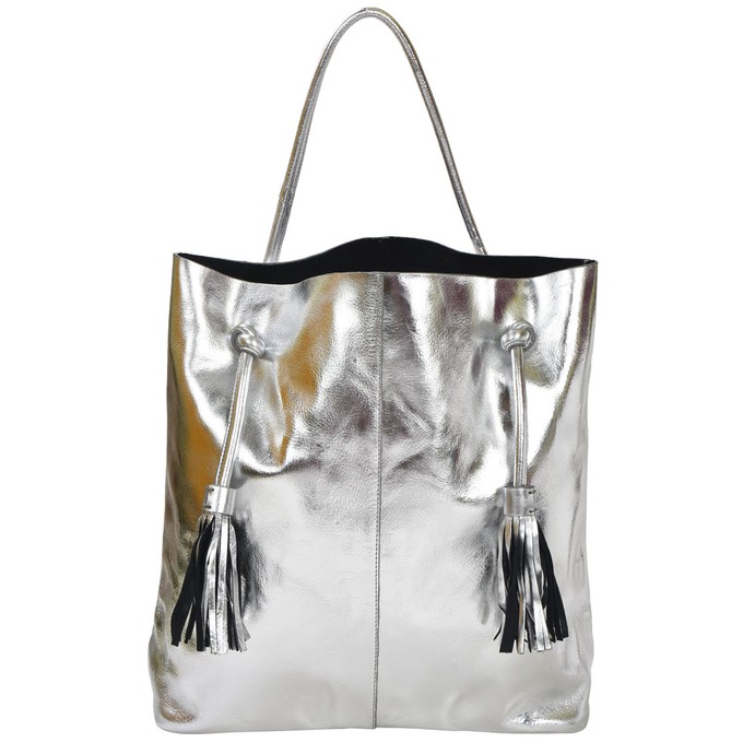 Silver Drawcord Metallic Leather Hobo Shoulder Bag from Sostter