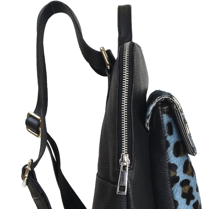 Blue Animal Print Flap Pocket Leather Backpack from Sostter