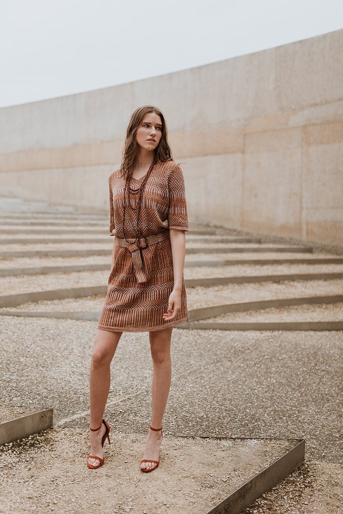 Himba Graphic Jacquard Linen Blend Knitted Dress With Belt - Brown/Neutrals Blend from STUDIO MYR