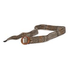 Dogon Tribal Jacquard Linen Blend Knitted Belt With Wooden Buckle - Brown/Black Blend via STUDIO MYR