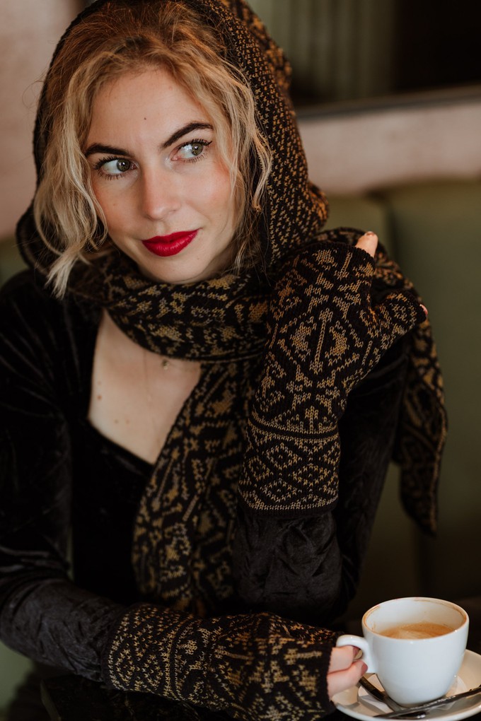 Vittoria Luxurious Hooded Scarf in Double Knit Velvet & Merino Blend - Black/Antique Golden from STUDIO MYR