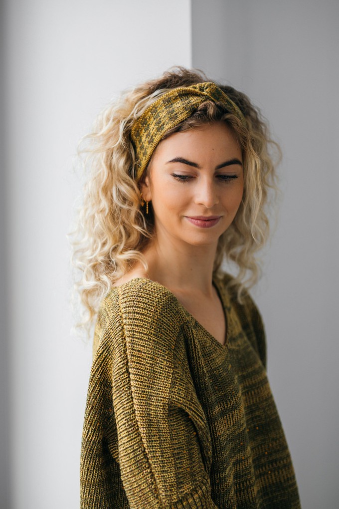 Moss Pied-De-Poule Jacquard Knit Merino Blend Hairband - Mustard/Green Blend from STUDIO MYR