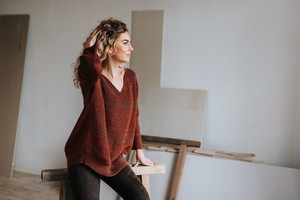 Leaves Merino Blend Oversized V Neck Jumper With Sparkles - Brown/Red Blend from STUDIO MYR