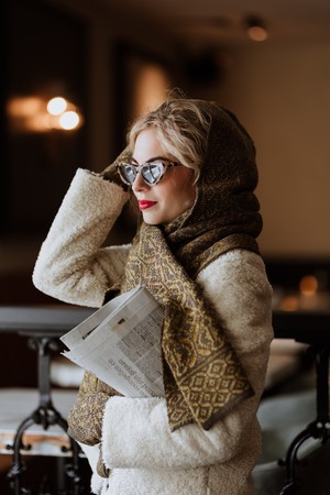 Antonia Luxurious Hooded Scarf in Double Knit Velvet & Merino Blend - Brown/Antique Golden from STUDIO MYR