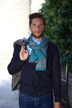 Teal Gradient Graphic Jacquard Knit Cotton Scarf – Teal Blue/Warm Grey via STUDIO MYR