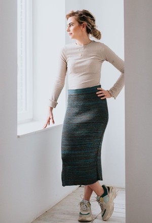 Raindrops Rib Knit Pencil Midi Skirt With Sparkles - Teal Blue Merino Wool Blend from STUDIO MYR