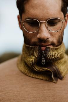Earl Rib Knit Merino Blend Cowl Scarf with Zipper – Mustard Ochre Blend via STUDIO MYR