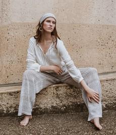 Berber Tribal Jacquard Linen Blend Knitted Palazzo Trousers - White/Neutrals via STUDIO MYR