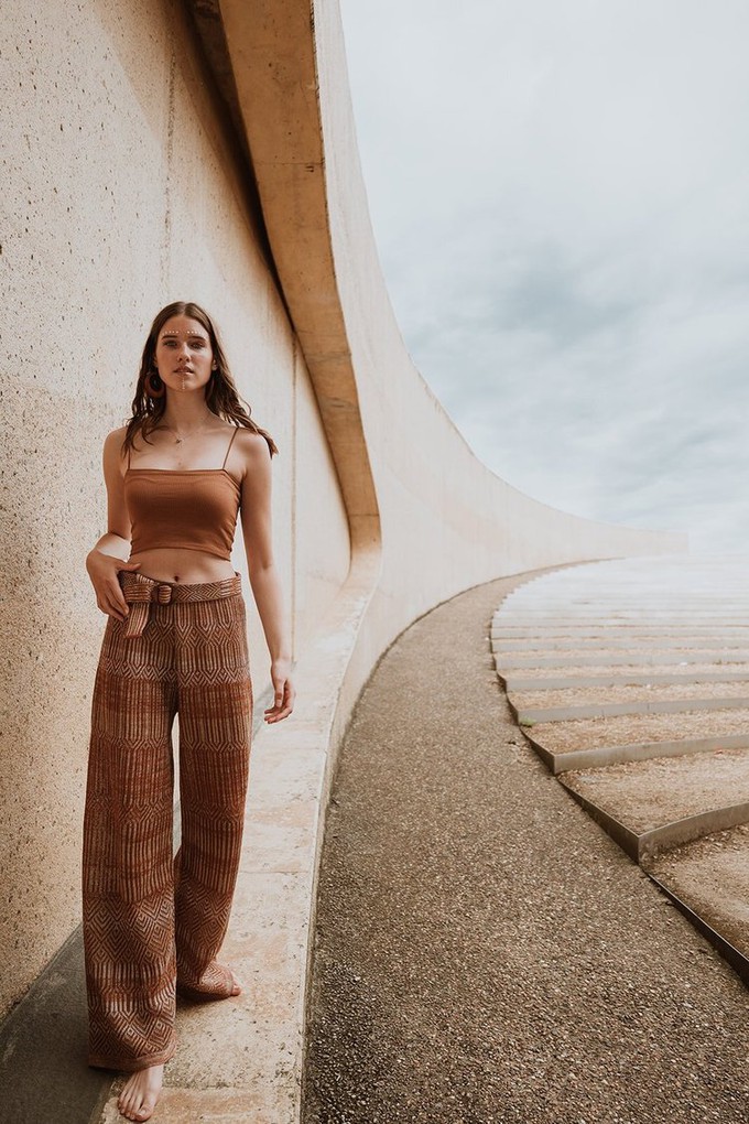 Himba Graphic Jacquard Linen Blend Knitted Palazzo Trousers - Brown/Neutrals from STUDIO MYR