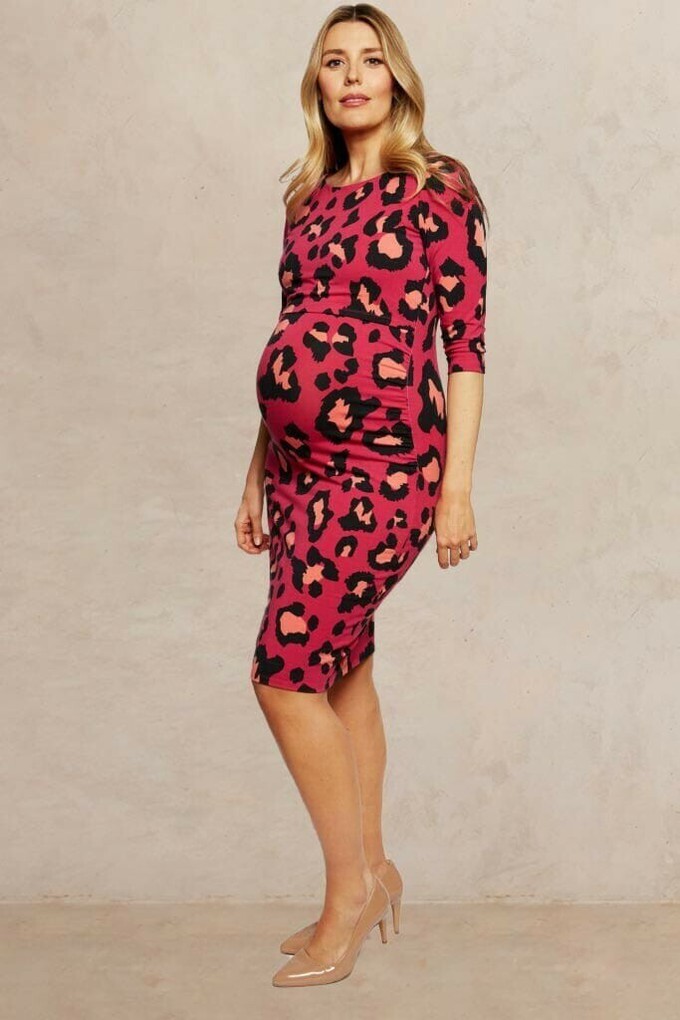 Audrey Raspberry Leopard Print Maternity and Nursing Dress from Tilbea London