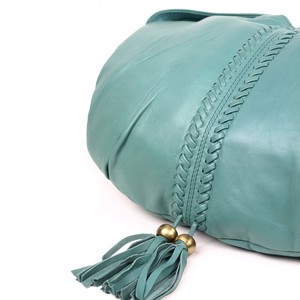 Goa - Sea Green luxury leather shoulder bag with bronze beads and tassels from Treasures-Design