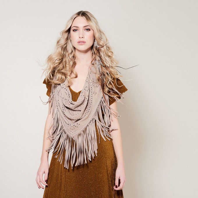 Alya suede fringe Shawl with studs - powder beige from Treasures-Design