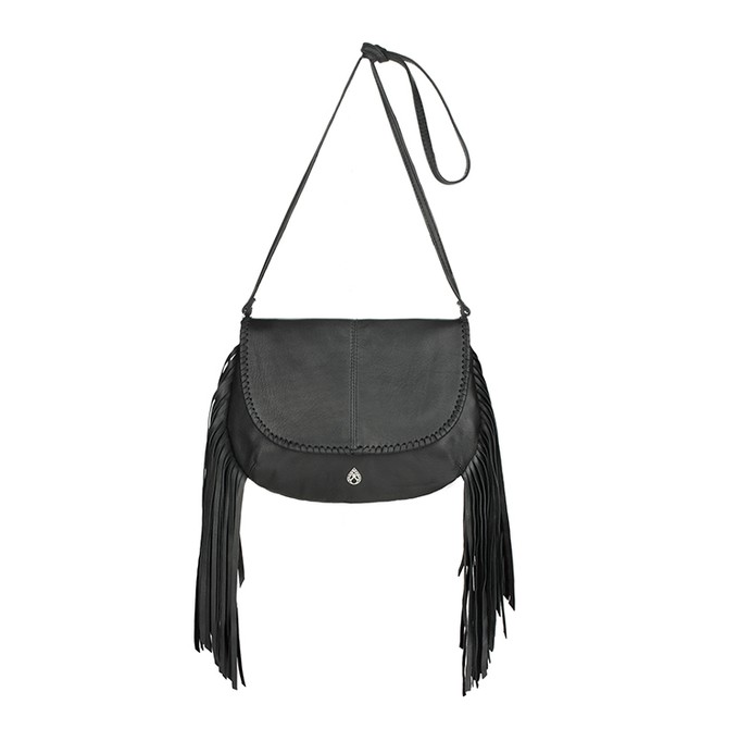 Lydia - black leather crossbody fringe bag with woven leather trims from Treasures-Design