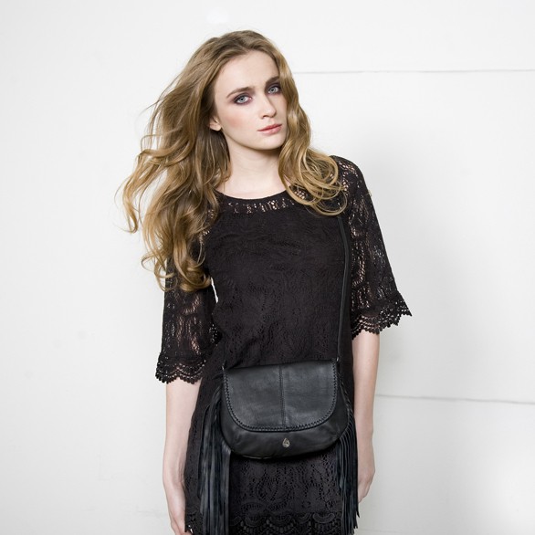 Lydia - black leather crossbody fringe bag with woven leather trims from Treasures-Design