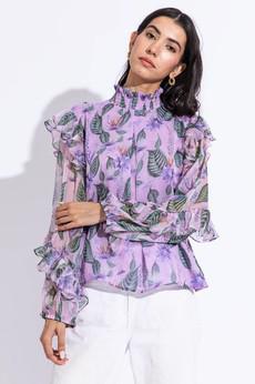 Chiffon Shirt Ruffle Long Sleeves - Lilac via Urbankissed