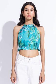 Floral Halter Neck Crop Top - Blue via Urbankissed