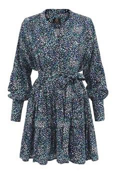 Belted Mini Flare Dress Longsleeve - Dotted Blue Green via Urbankissed