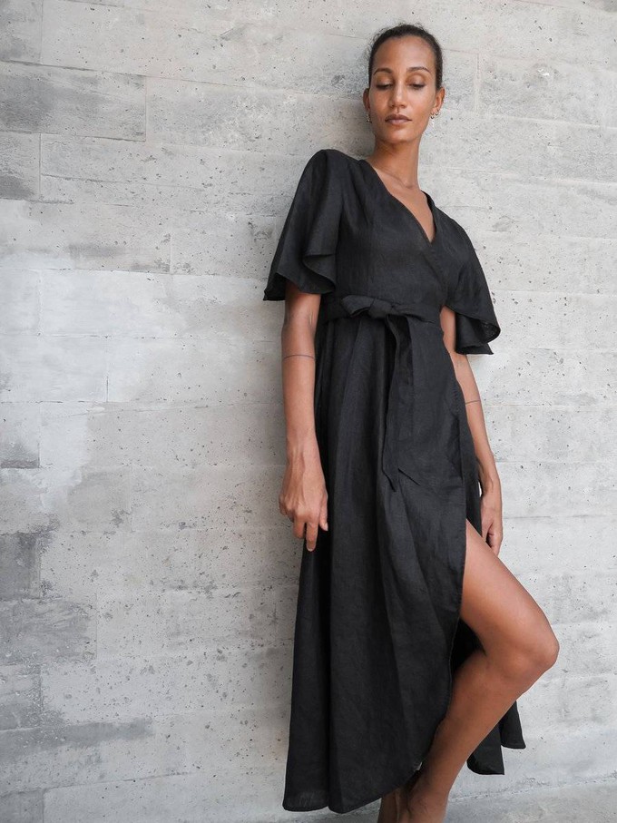 Linen Wrap Dress in Black - Dhalia from Urbankissed