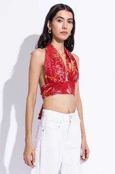 Chiffon Floral Halter Neck Crop Top - Red via Urbankissed