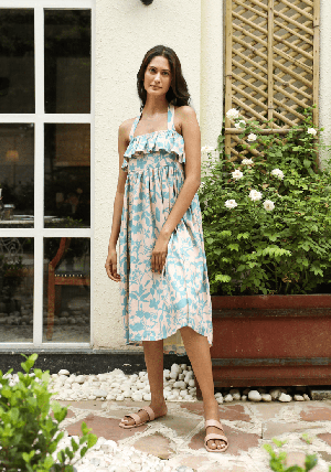 Floral Halter Midi Dress - Light Blue from Urbankissed