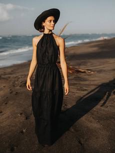 Backless Linen Maxi Dress in Black - Annely via Urbankissed