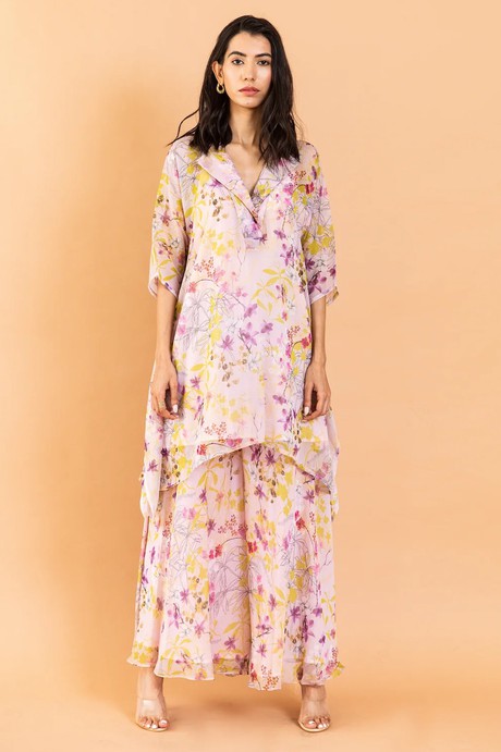 Chiffon Floral Co-Ord Set - Kaftan & Flared Pants - Blush from Urbankissed