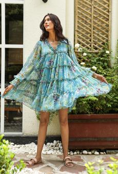 Chiffon Floral Tiered Ruffle Midi Dress - Blue via Urbankissed