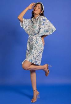 Floral Shirt Dress Kimono Sleeves - Blue van Urbankissed