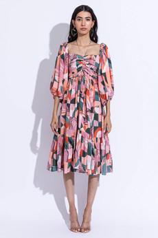 Flared Midi Dress with Balloon Long Sleeves- Pink & Faded Green van Urbankissed