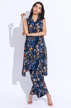 Pleated Floral Shirt Dress & Pants - Dark Blue via Urbankissed