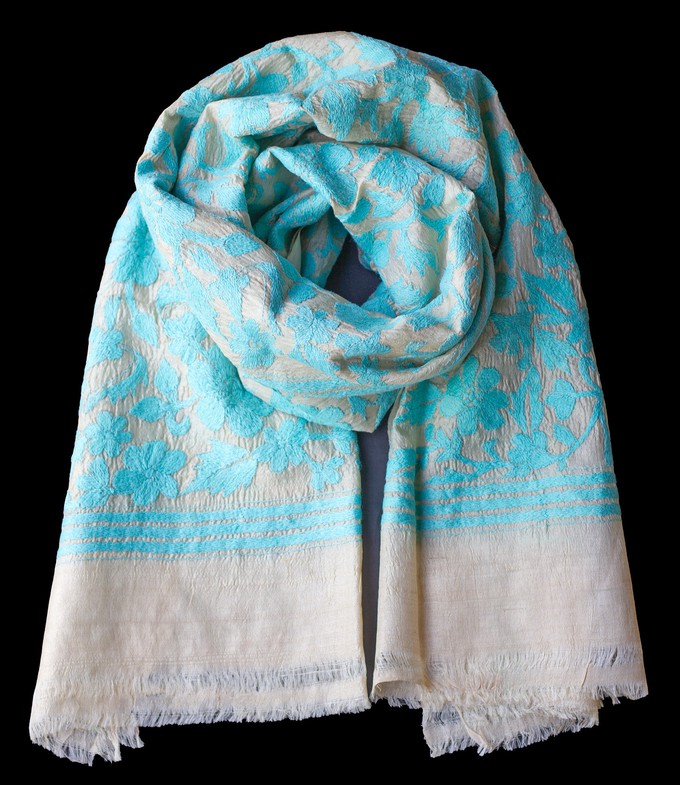 Nakshi Kantha sjaal Aqua Blauw from Via India