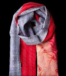 Kantha sjaal hergebruikte zijde Rood-Donkergrijs via Via India